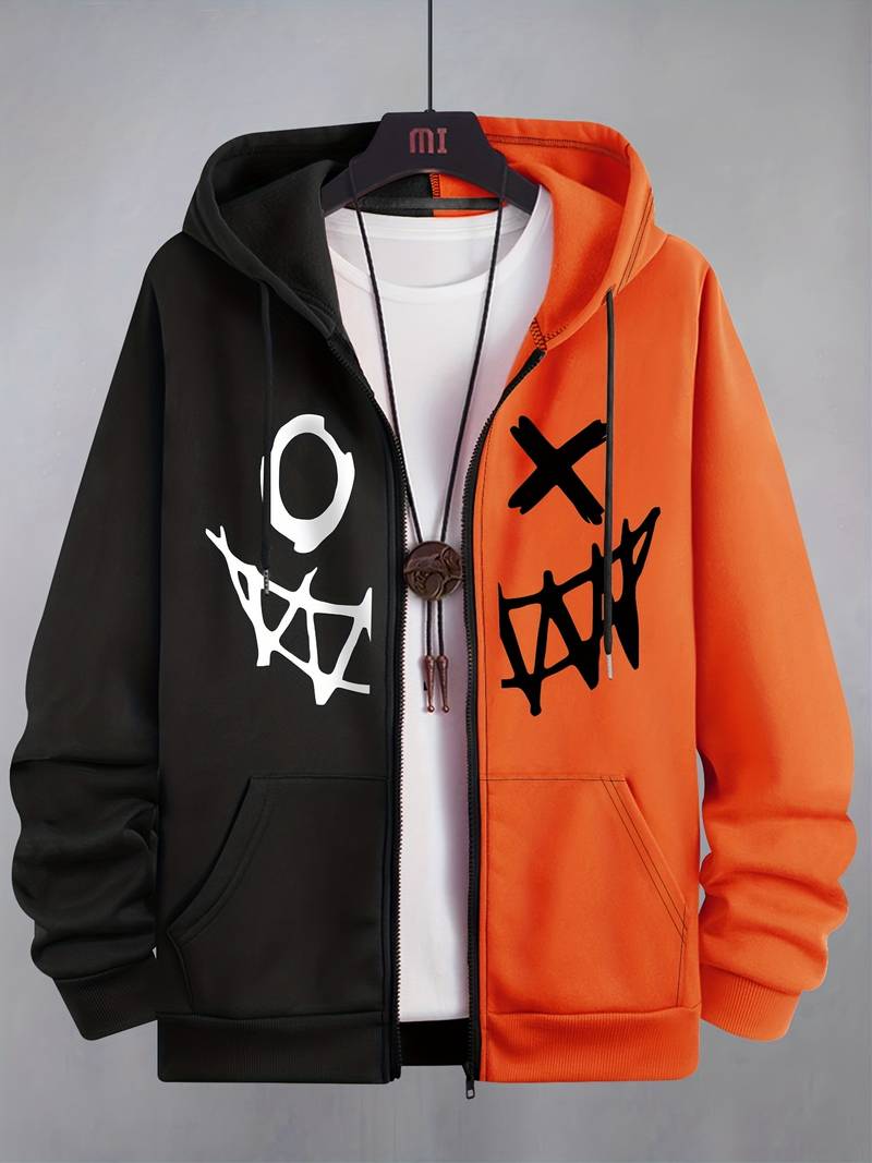 Contrast Color Evil Face Men's Hoodie | Long Sleeve With Front Zipper - Picture 1 of 1